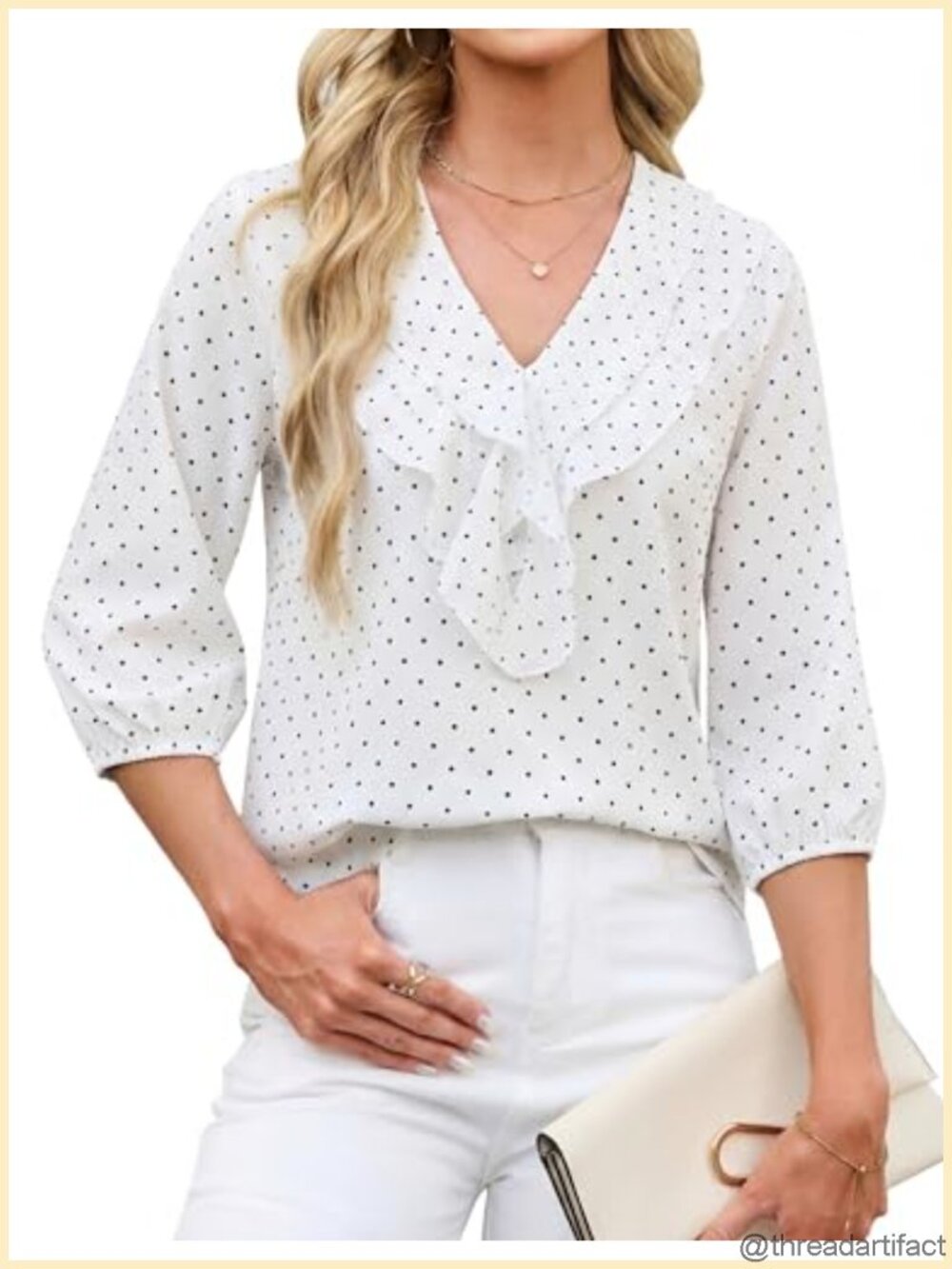Womens Dressy Casual Blouse 3/4 Sleeve V Neck Ruffle Work Top